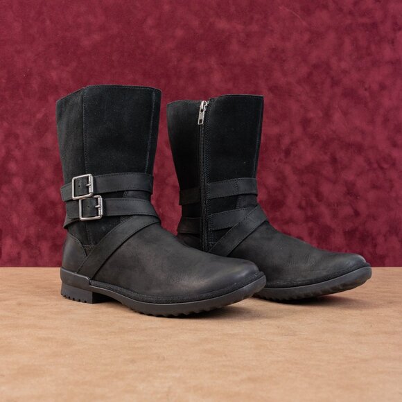 UGG Women Lorna Black Leather Waterproof Shearling Top Mid Calf Boots sz 8.5 - Picture 1 of 8
